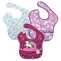 Bibs for Girl or Boy, SuperBib Baby and Toddler for 6-24 Months, Essential Must Have for Eating, Feeding, Baby Led Weaning Supplies, Mess Saving Catch Food, Fabric 3-pk Unicorns and Rainbows
