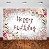 Avezano Rose Gold Birthday Backdrop for Girls Women Happy Birthday Party Photography Background Blush Pink Floral Rose Gold Glitters Confetti Bday Decoration Photoshoot Banner (8x6ft)