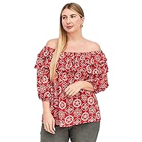 Vince Camuto Womens Red Ruffled Curved Hem Printed 3/4 Sleeve Off Shoulder Top L