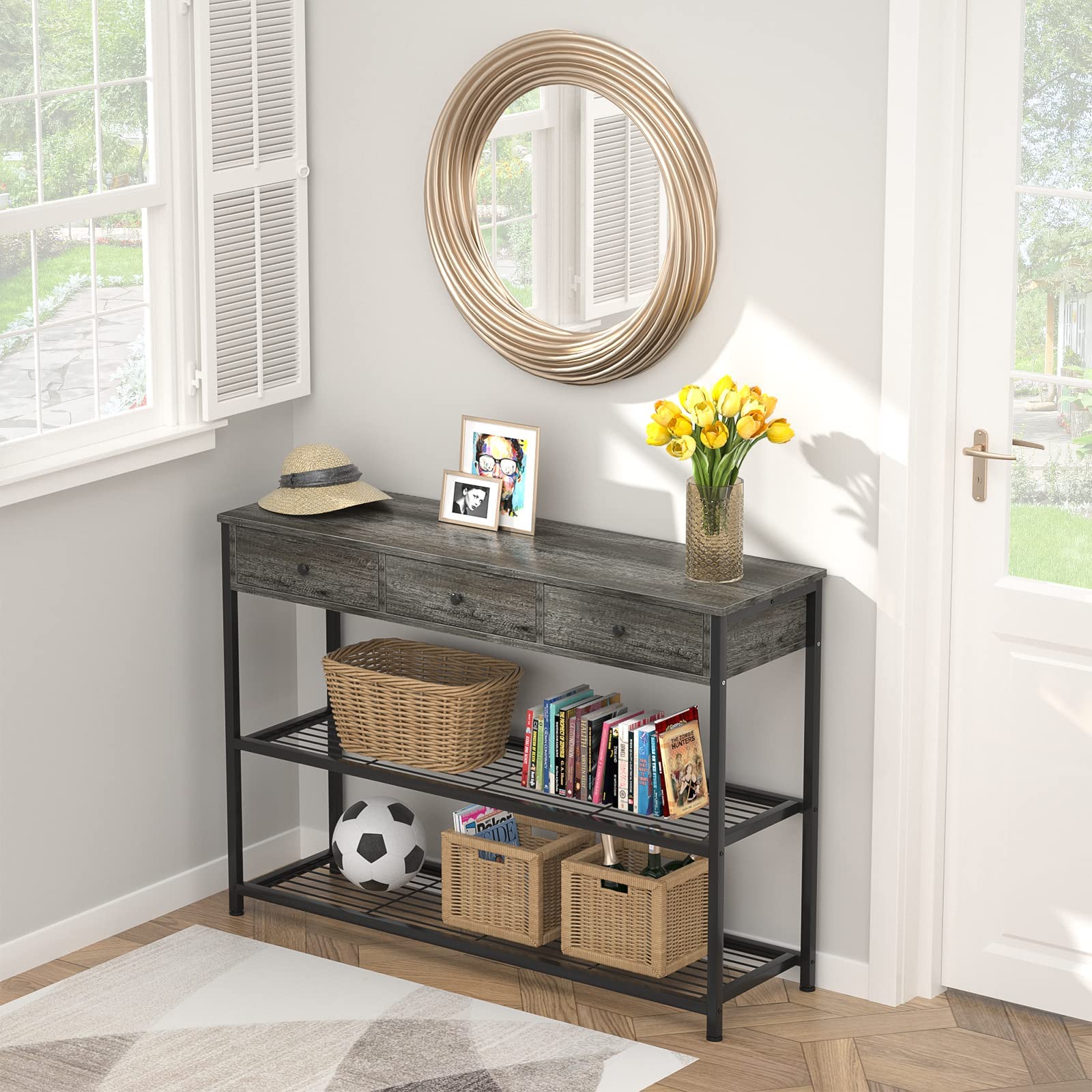Ecoprsio Console Table with 3 Drawers, 47 Inch Gray Sofa Table Entryway Table Narrow Long with Storage Shelves for Entryway, Front Hall, Hallway, Sofa, Couch, Living Room, Kitchen, 47 Inch, Grey
