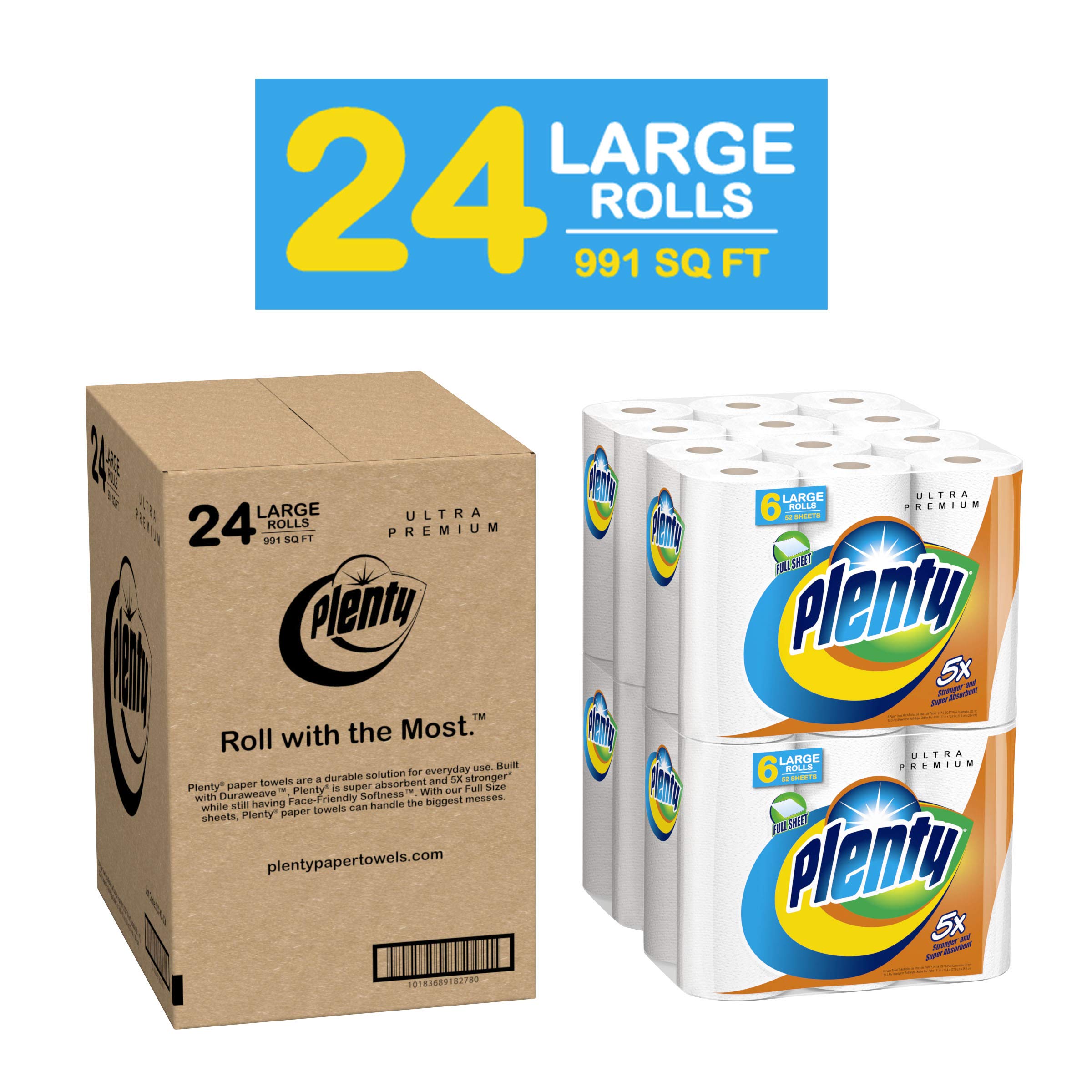 Plenty Ultra Premium Paper Towels | XL Rolls | Super Absorbent | Strong & Durable | Full Sheet | 24 Rolls