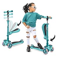 Hurtle Kids Scooter - Child Toddler Kick Scooter Toy with Foldable Seat - 3 Wheel Scooter with Adjustable Height, Anti-Slip Deck, Flashing Wheel Lights, for Boys/Girls 1-12 Year Old, Teal