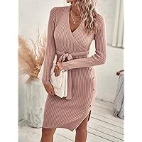 TLULY Sweater Dress for Women Fake Button Split Hem Belted Sweater Dress Sweater Dress for Women (Color : Dusty Pink, Size : Small)