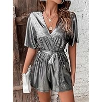 Fall Dresses for Women 2023 Surplice Neck Batwing Sleeve Belted Romper Dresses for Women (Color : Silver, Size : X-Large)