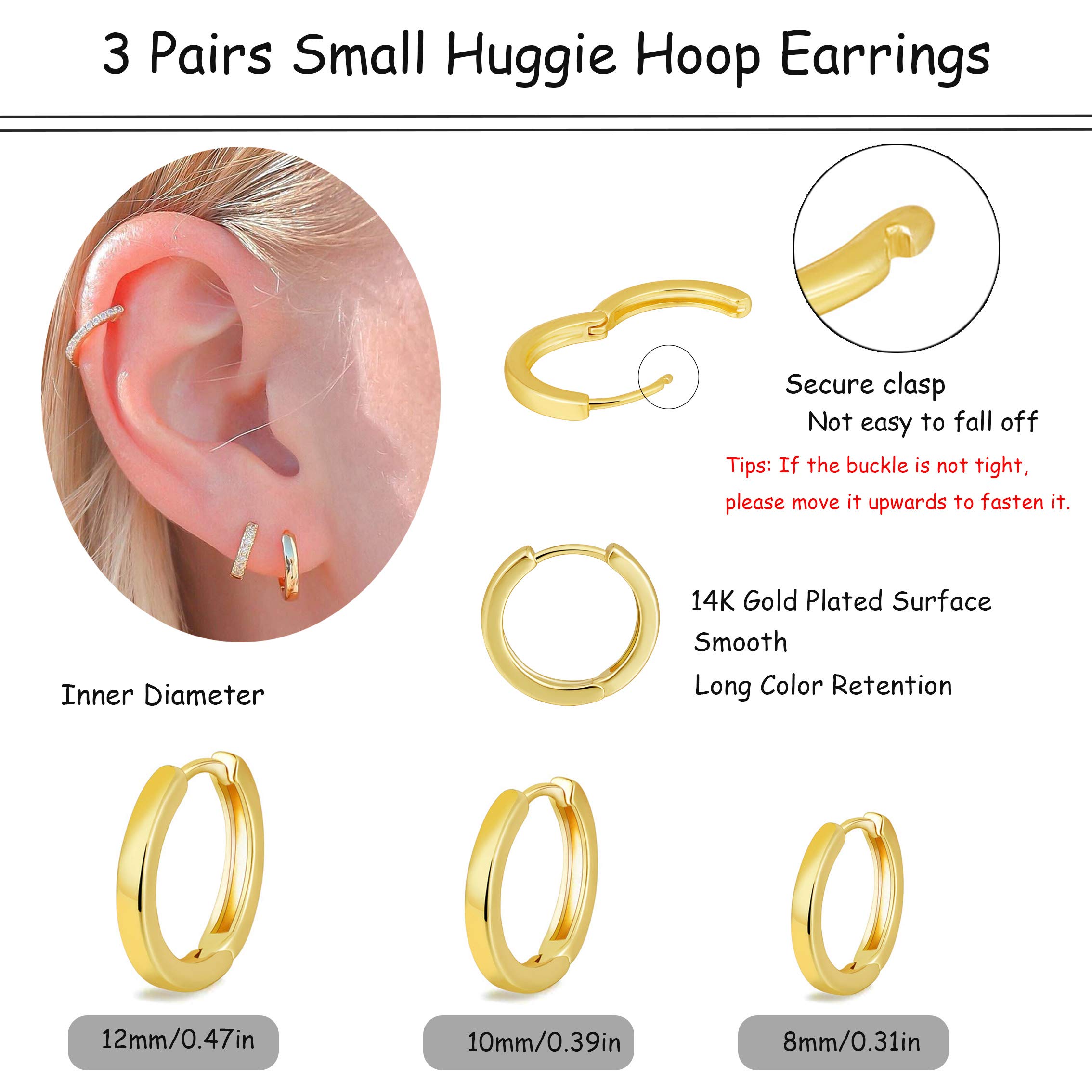 micuco 3 Pairs Small Hoop Earrings for Women, 14K Gold Hoop Huggie Earrings for Men, Tiny Huggie Hoop Earrings Set, Hypoallergenic Earrings