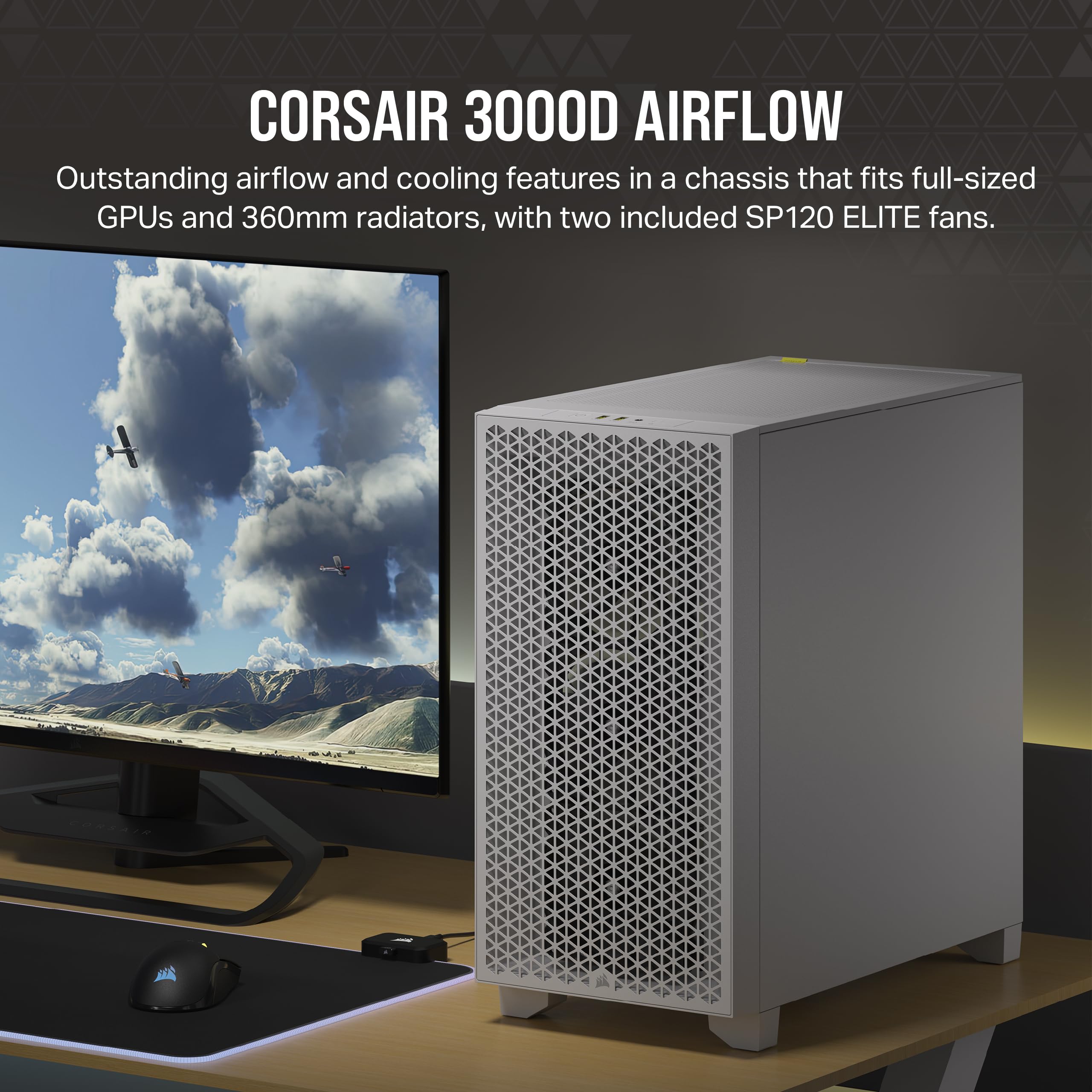 Corsair 3000D Airflow Mid-Tower PC Case – 2X SP120 Elite Fans – Four-Slot GPU Support – Fits up to 8X 120mm Fans – High-Airflow Design – White