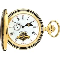 Half Hunter Skeleton Pocket Watch Gold Plated with Moon Phases - 17 Jewel - Presentation Box