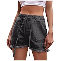 Bermuda Shorts for Women, Summer Solid Color Regular Fit Hiking Shorts Athletic High Waist Denim Shorts with Pockets