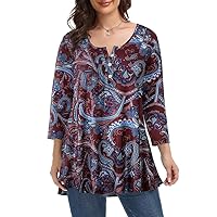 MONNURO Womens Plus Size Henley Shirts Button Up V Neck Pleated Tunic Tops Casual Blouse 3/4 Sleeve