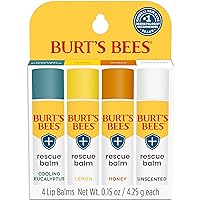Burt's Bees 100% Natural Origin Rescue Lip Balm, Cooling Eucalyptus, Lemon, Honey, Unscented, 4 Tubes, Pack May Vary
