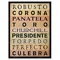 Cigar Sizes Wall Decor: Robusto, Corona, Panatela, Toro, Churchill, Presidente, Torpedo, Perfecto, Culebra - Vintage Style Tobacco Art Print Poster - measures 18 x 24 inches (610 x 458 mm)