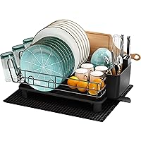 MAJALiS Kitchen Dish Drying Rack, Large Dish Drainers for Kitchen Counter, Rust-Proof Dish Strainer Rack with Utensil Holder and Dryer Mat (Black - One Tier)