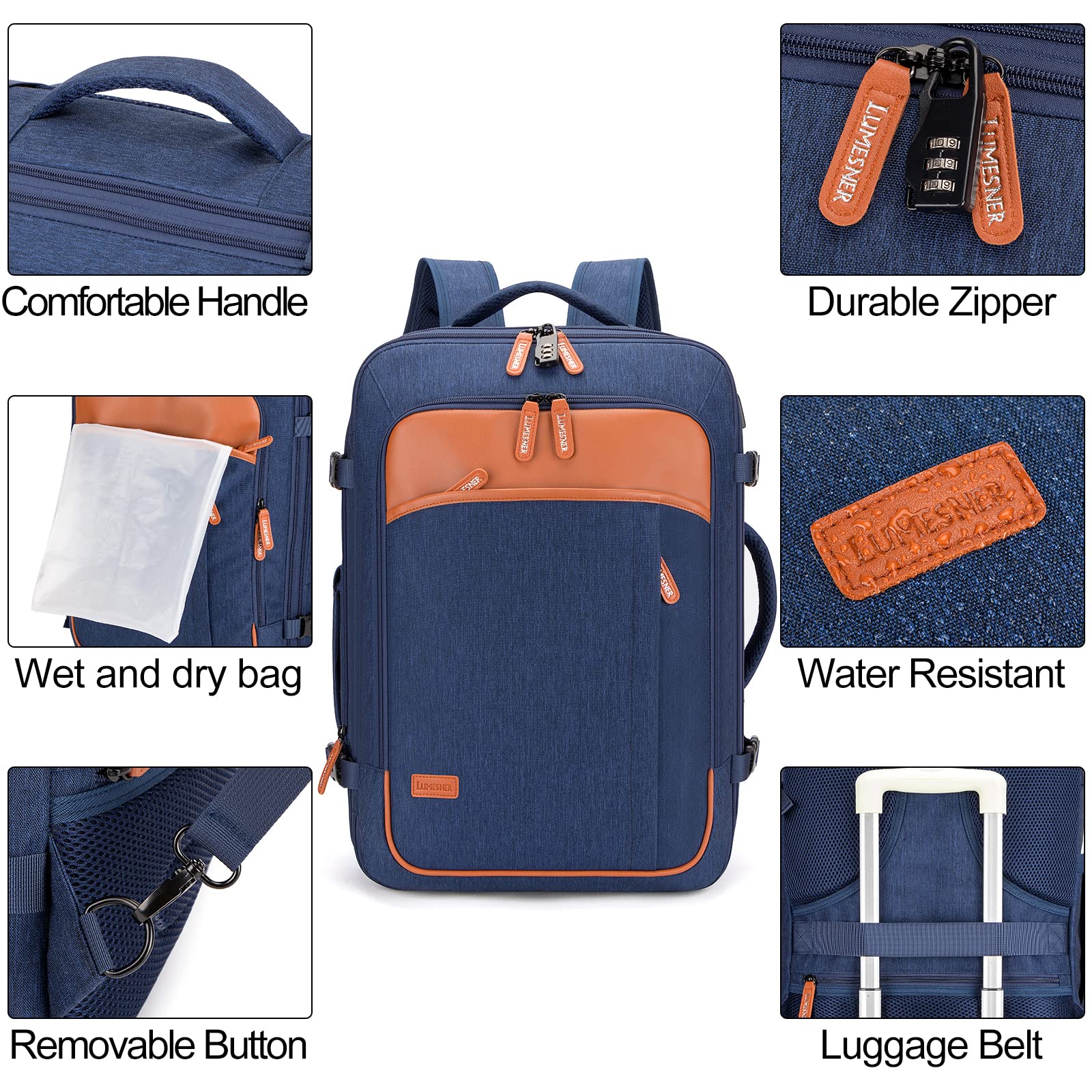Lumesner Carry On Backpack, Blue, 40L Capacity, Expandable, Water Resistant, Suitable for Men and Women, Ideal for Travel