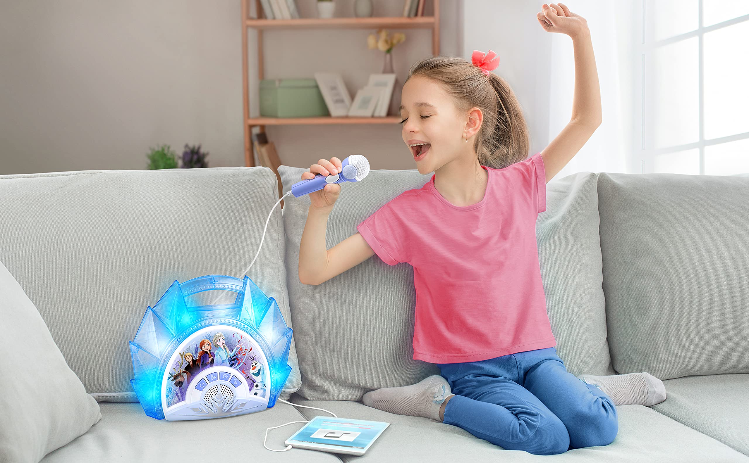 eKids Frozen Sing Along Boom Box Speaker with Microphone for Fans of Frozen Toys for Girls, Kids Karaoke Machine with Built in Music and Flashing Lights, Blue, 3.5mm Audio Jack