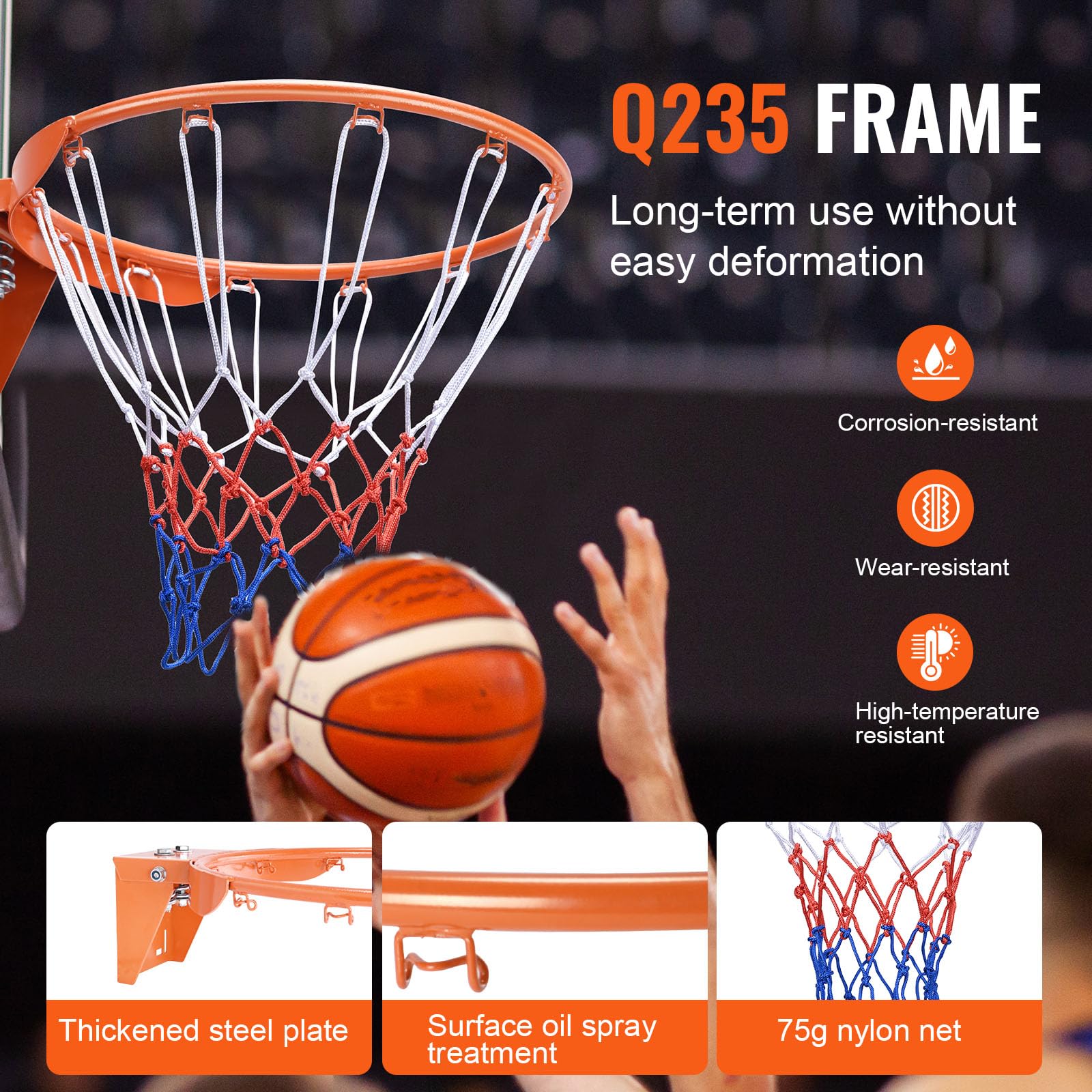 VEVOR Basketball Rim, Wall Door Mounted Basketball Hoop, Heavy Duty Q235 Basketball Flex Rim Goal Replacement with Net, Standard 18