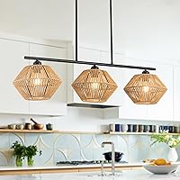 3-Light Rattan Chandeliers for Dining Room, Boho Light Fixture with Hand-Worked Woven Cage Lampshade, Farmhouse Island Lights for Kitchen, Dining Room