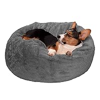 Furhaven Soft & Cozy Dog Bed for Medium/Small Dogs, Refillable w/ Removable Washable Cover & Liner, For Dogs Up to 35 lbs - Plush Faux Fur Bean Bag Style Ball Bed - Gray Mist, Medium