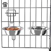 Set of 2 Stainless-Steel Dog Bowls - Cage, Kennel, and Crate Hanging Pet Bowls for Food and Water - 8oz Each and Dishwasher Safe by PETMAKER, Silver
