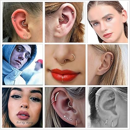 LOYALLOOK 18-24Pcs 20G 316L Stainless Steel Nose Ring Hoop Cartilage Hoop Septum Piercing 6-12mm