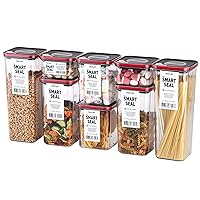 Neoflam Smart Seal Patent Airtight Kitchen Pantry Canister/Organizer Clear Plastic Container & Simple Twist, 100% Leak Proof, Dishwasher Safe, BPA Free, Dry Food Storage Set, 8pc Square, Black/Red Lid