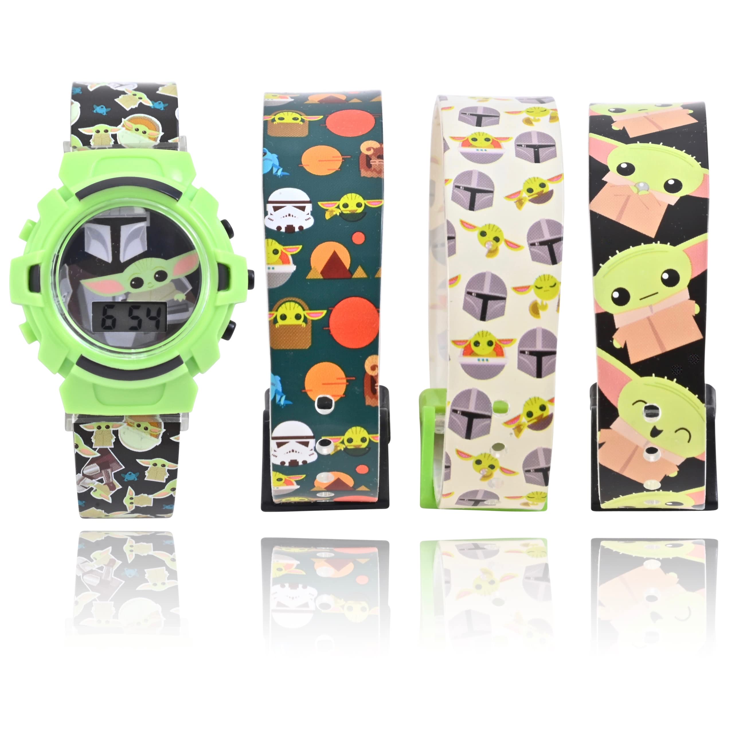 Lucasfilm Star Wars Baby Yoda Kids Digital Watch - LED Flashing Light, LCD Watch Display, 4 in 1 interchangeable Plastic Straps, Kids, Girls Or Boys Watch, in Multi Color Bands (Model: MNL40016AZ)