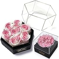 Kylin Glory Preserved Roses with Hexagon Acrylic Cover - 7 Piece Forever Flowers, Visible Freshness, Perfect for Mothers & Valentines Day Gifts (Pink & White)