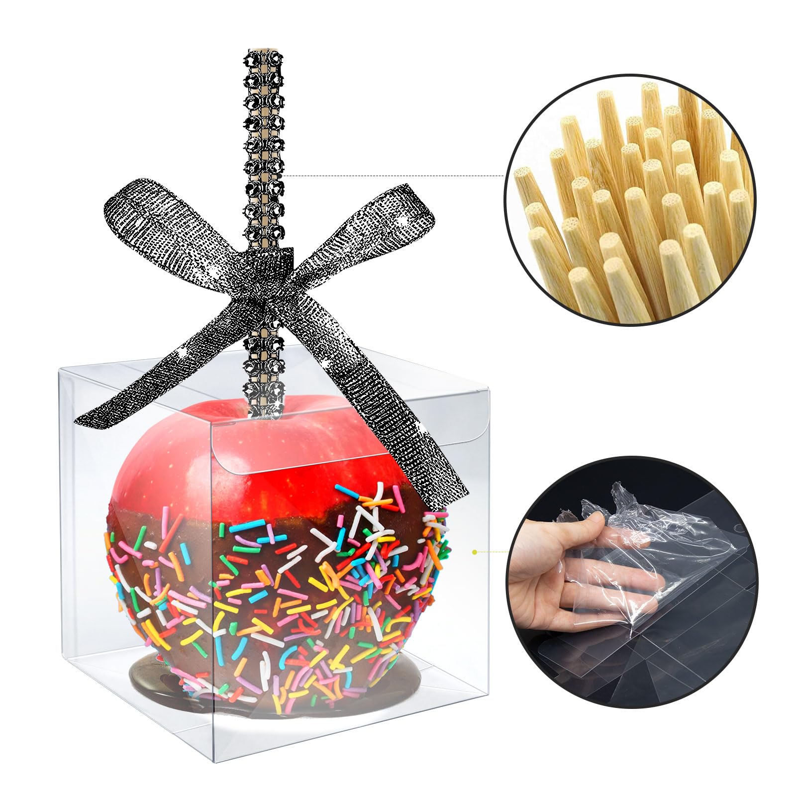 MGWOTH Candy Apple Boxes with Bling Stick Hole Set,20 Pack Caramel Apple Wrapping Kit with Clear Containers & Rhinestone Bamboo Skewers & Glitter Ribbons,Top for Cake Pop Chocolate Treat Christmas
