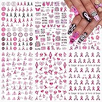 6 Sheets Breast Cancer Nail Art Stickers 3D Self-Adhesive Nail Decals Pink Ribbon Nail Stickers Heart Breast Cancer Awareness Nail Decoration for Women Girls DIY Manicure Tips Nail Charms