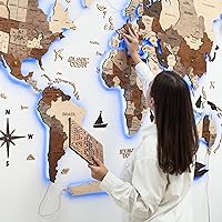 3D LED 3.0 Wood World Map Wall Art Modern Home Decor Gifts LED Lighting Wall Decor Housewarming Gift Idea Travel Wooden Maps Pinboard with Backlighting All Sizes (Wall Art)