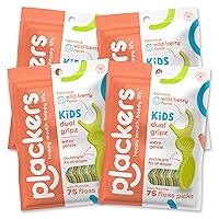 Plackers Kids Dual Gripz Floss Picks with Double Grip handle, Wild Berry Flavor, Colorful Floss Picks for Kids of All Ages, 75 Count (Pack of 4)