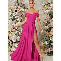 Dresses for Women Cold Shoulder Split Thigh Dress (Color : Hot Pink, Size : Small)