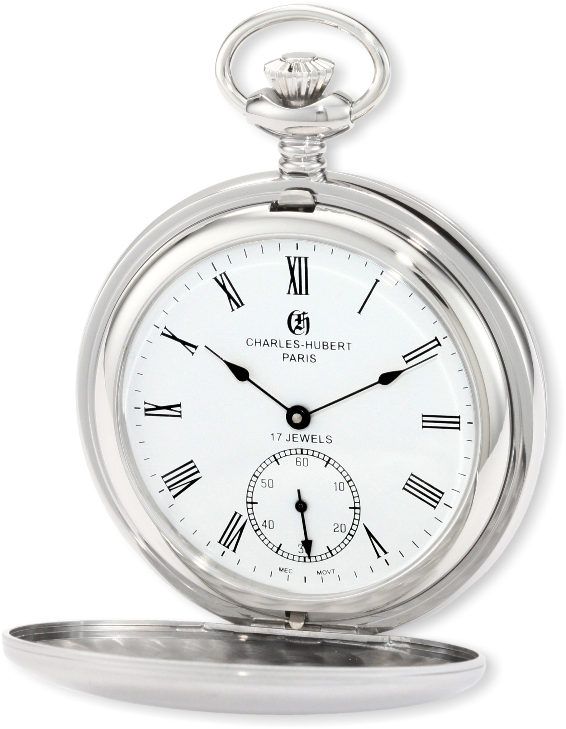 Charles-Hubert, Paris 3908-WR Premium Collection Stainless Steel Satin Finish Double Hunter Case Mechanical Pocket Watch