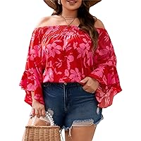 MakeMeChic Women's Plus Size Floral Off Shoulder Ruffle Bell Long Sleeve Blouse Top