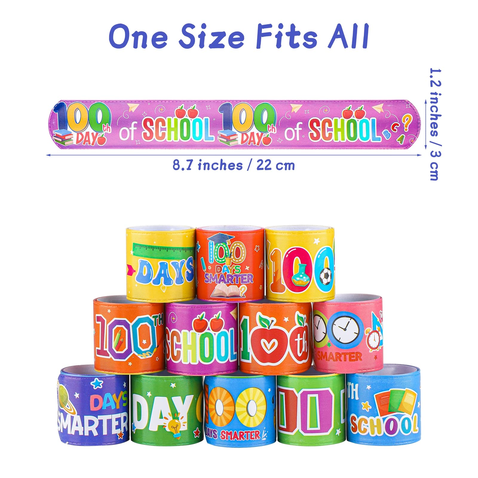 ADXCO 48 Pieces Happy 100th Day of School Slap Bracelets 100th Days School Snap Slip Wristband 12 Assorted Styles Slap Bands Party Favors for School Classroom Prizes Birthday Gifts