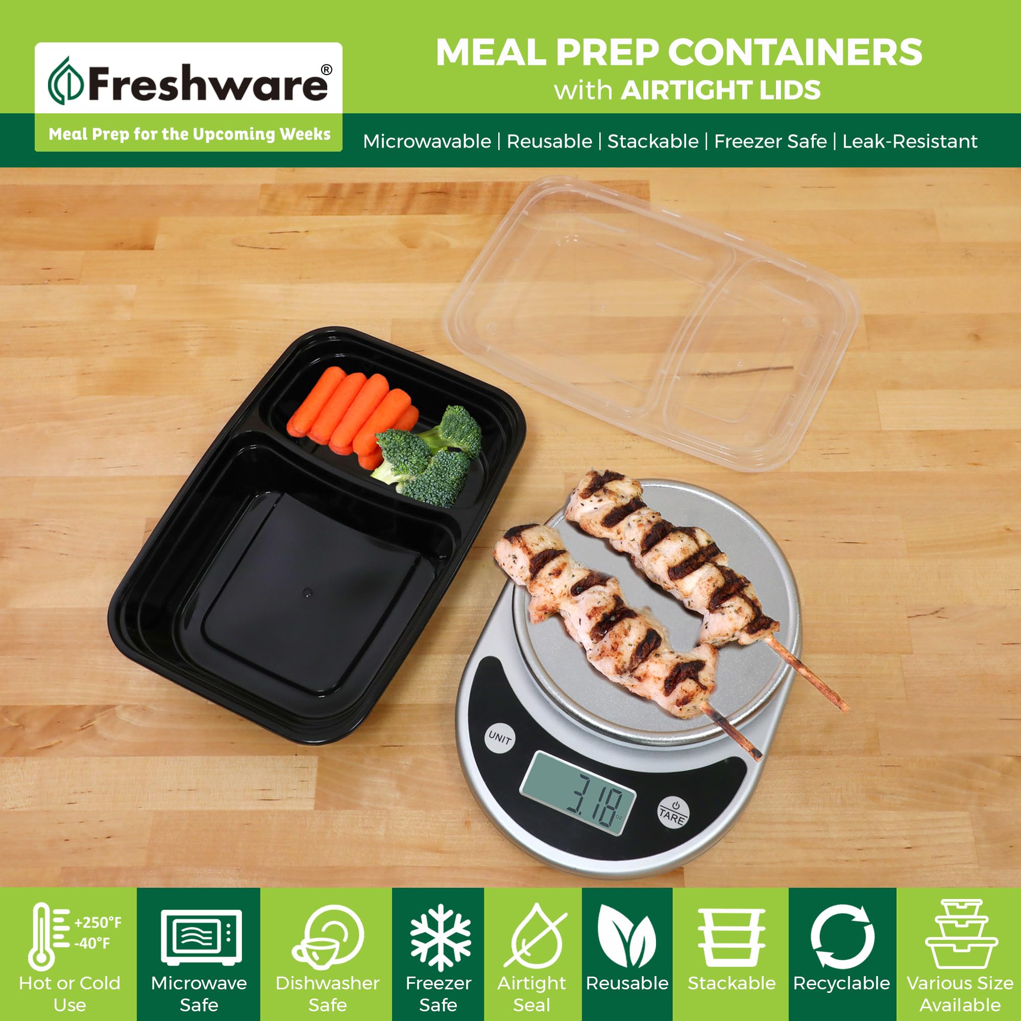 Freshware Meal Prep Containers [50 Pack] 2 Compartment with Lids, Food Storage Containers, Bento Box, BPA Free, Stackable, Microwave/Dishwasher/Freezer Safe (28 oz)