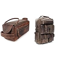 LUXEORIA Leather Backpack and Toiletry Bags combo for Men and Women, Perfect gifts for Travel, Genuine Leather Shaving, dopp kit with Laptop Backpack