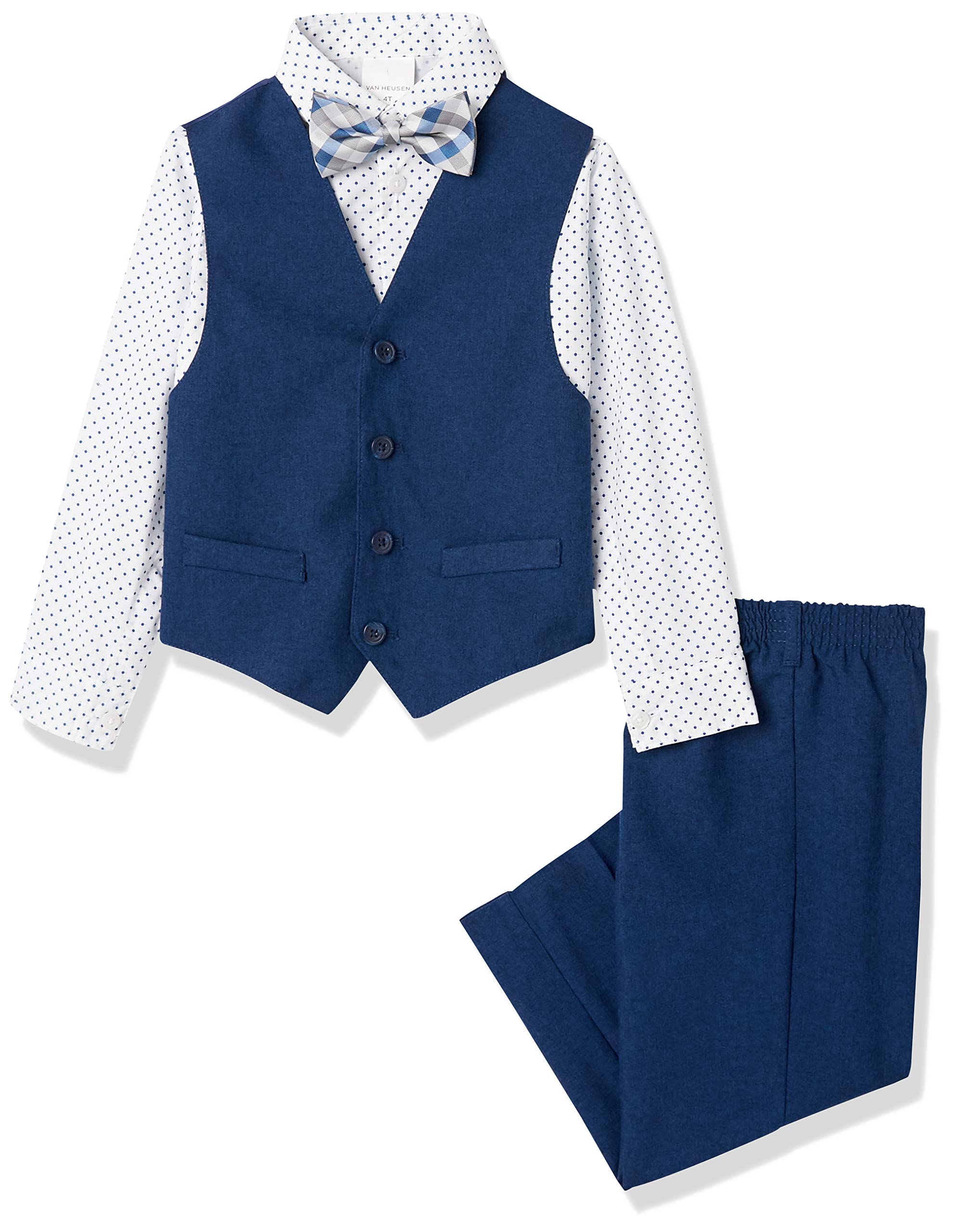 Van Heusen Boys' Adaptive 4-Piece Formal Suit Set, Vest, Pants, Collared Dress Shirt, and Bow Tie with Velcro Closure
