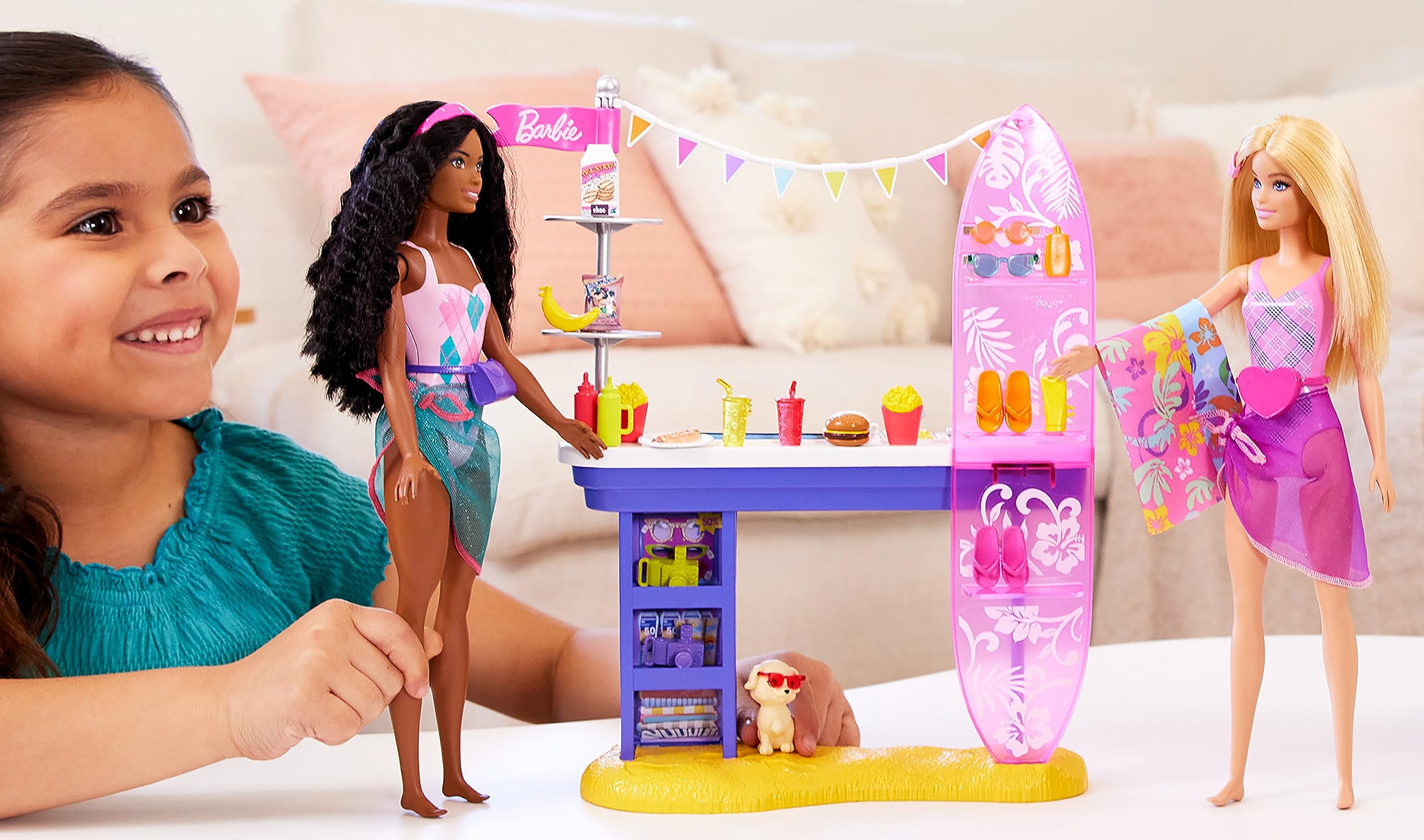 Barbie Dolls & Accessories Playset, Beach Boardwalk with Barbie “Brooklyn” & “Malibu” Dolls, Food Stand, Kiosk & 30+ Accessories