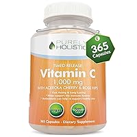 Purely Holistic Vitamin C 1000mg, 365 Capsules, 12 Month Supply, 2 Stage Timed Release with Ascorbic Acid, Rosehip & Acerola Cherry Bioflavonoid, Immune System Support, Vegan