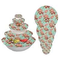 Teal Roses Bowl Covers Reusable 5 Pieces Stretch Fabric Food Storage Cover for Dish Cup Plate in 5 Size Elastic Lids for Food Containers Perfect Dish Covers for Leftover, Food, Fruits