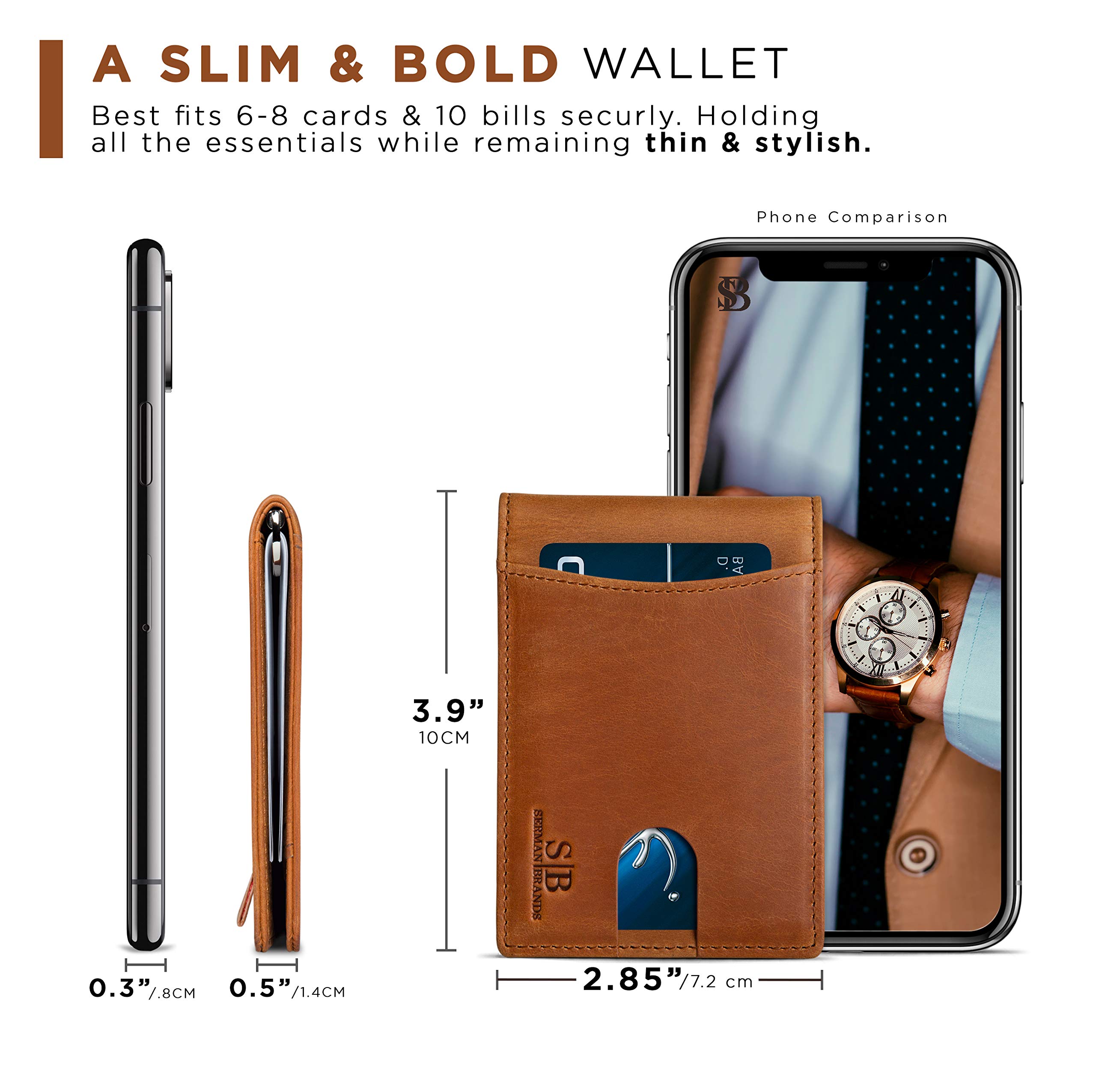 SERMAN BRANDS RFID Blocking Slim Bifold Genuine Leather Minimalist Front Pocket Wallets for Men with Money Clip Thin Mens