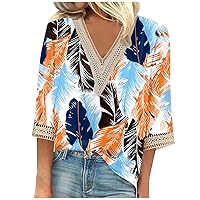 Womens 3/4 Sleeve Summer Tops Sexy Lace V Neck T Shirts Fashion Printed Graphic Tees 2024 Casual Loose Fit Blouses