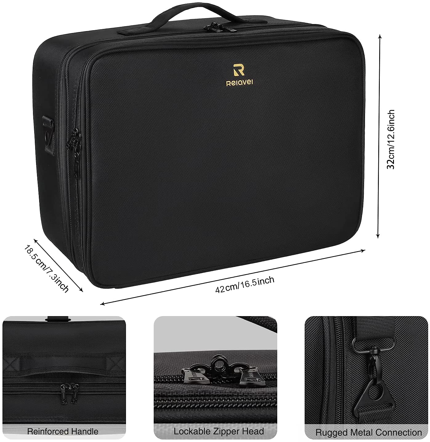 Relavel Extra Large Makeup Case Travel Makeup Train Case Professional Makeup Artist Bag Portable Nail Organizer Box Art Supply Case with Adjustable Dividers/Attach to Trolley/Shoulder Strap (Black)