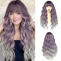NAYOO Wig with Bangs Long Natural Wavy Synthetic Wigs for Women 26 Inches Long Heat Resistant Fiber Wigs for Cosplay Party Use (Ombre Purple)