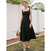 Women's Dress Square Neck Sleeveless -line Dress Dresses for Women (Color : Black, Size : Large)