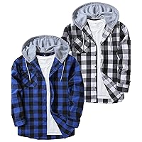 Hooded Flannel Shirt for Men Plaid Shirts Long Sleeve Flannel Jacket Button-Down Shirt Jacket with Hood 2 Pack