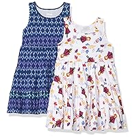 Amazon Essentials Disney | Marvel | Star Wars | Frozen | Princess Girls' Knit Sleeveless Tiered Dresses (Previously Spotted Zebra), Pack of 2, Blue Geo Pattern/White Frozen 2 Elements, X-Large