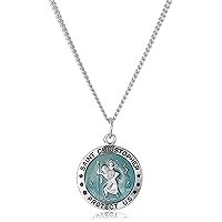 Amazon Essentials Men's Sterling Silver Round St. Christopher Pendant with Blue Background and Rhodium Plated Stainless Steel Chain, 20