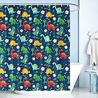 Wake In Cloud - Kids Cute Shower Curtain, Bathroom Decor Set with 12 Hooks, Waterproof Fabric, Colorful Dinosaur Pattern on Navy Blue for Boys, 72 x 72 Inch