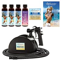 Master T95 High Performance Sunless Turbine Spray Tanning System; 4 Solution Variety Pack with Opulence & 8, 10, 12% DHA Simple Tan, User Guide Video Link